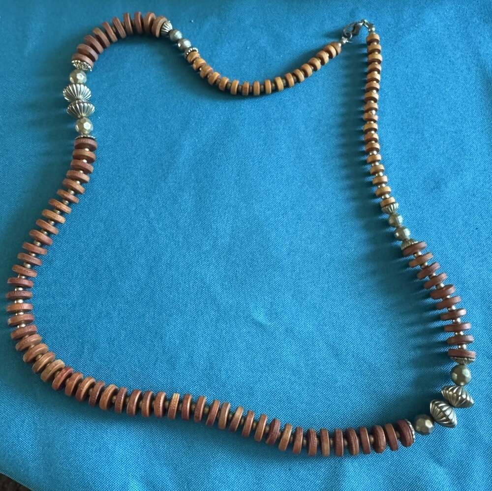 Boho Style Wooden Beaded Necklace Natural Brown shades metallic Accent 30”